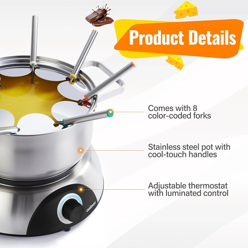 CUSIMAX Electric Fondue Set, 1500W Electric Fondue Pot with Luminous Control Dial, 8 Colour Coded Stainless Steel Forks, For Chocolate, Cheese, Broth, Oil, Stainless Steel Fondue Maker, 1.4Quart - Image 3